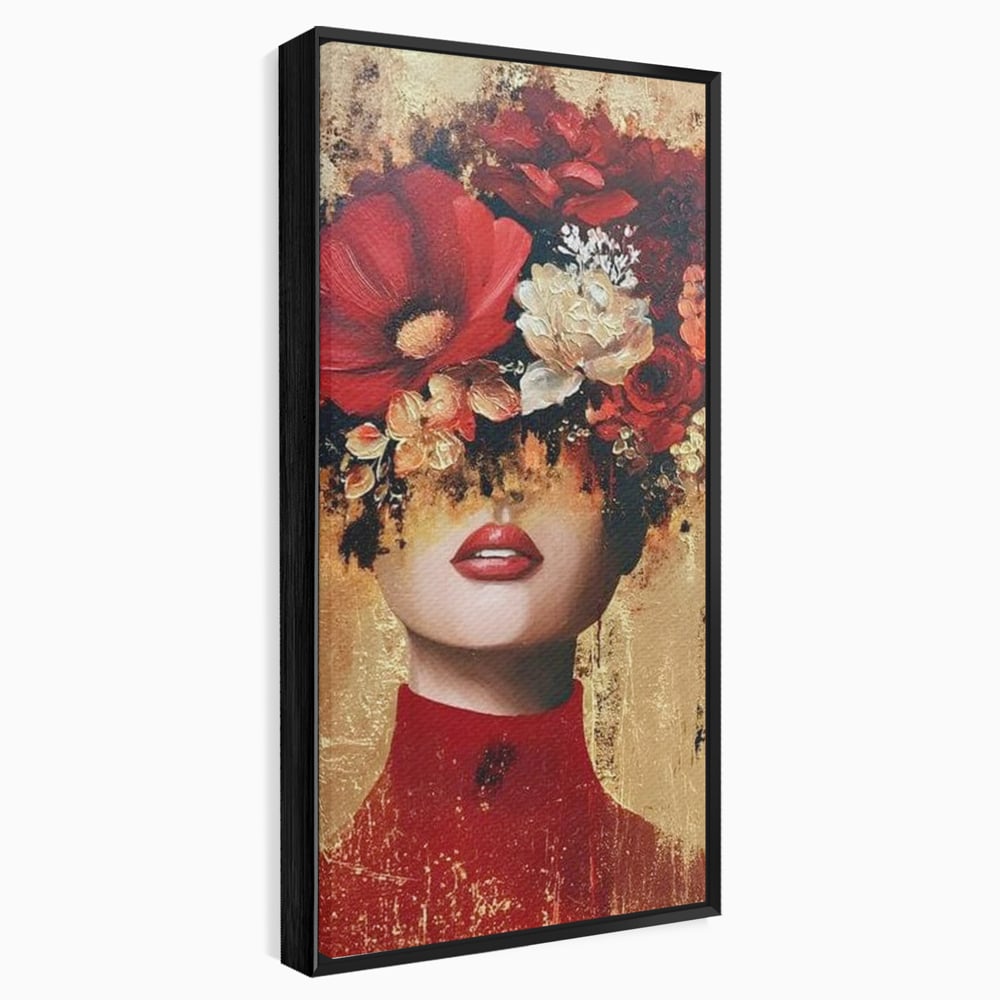 Tablou canvas cu tablou canvas cu portret de femeie si flori rosii, in rama de aluminiu negru